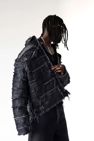 Giacca Denim Black Island Nera Distressed con Borchie