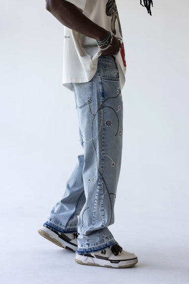 Jeans Black Island Straight Azzurro con Cristalli Floreali
