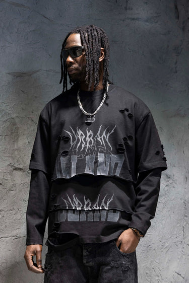 Longsleeve Black Island Nera Distressed Layered
