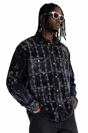 Camicia Denim Black Island Nera con Ricamo Catene