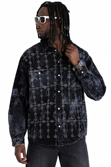 Camicia Denim Black Island Nera con Ricamo Catene