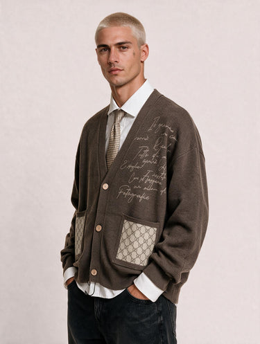 Cardigan GG Boxy Fit Fango Scuro Scritta Corsivo