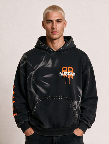 Felpa BB Nera Arancione Acid Wash con Cappuccio Boxy Fit