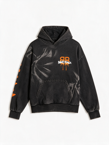 Felpa BB Nera Arancione Acid Wash con Cappuccio Boxy Fit