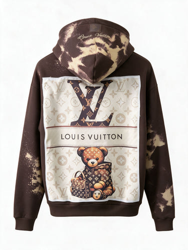 Felpa LV Marrone Candeggiata Patch Orsetto retro su sfondo bianco