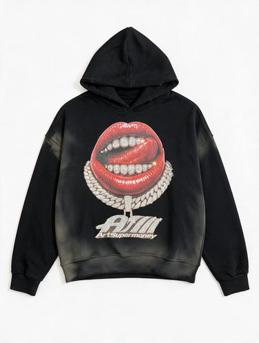 Felpa Oversize Boxy Fit Art Super Money Lavaggio Sfumato - Stampa Labbra & Catena