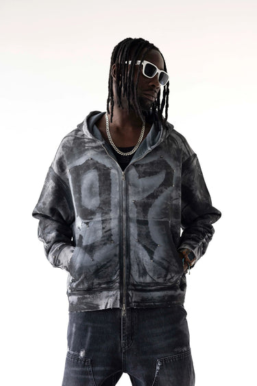 Felpa Zip Black Island Grigia Washed con Grafica