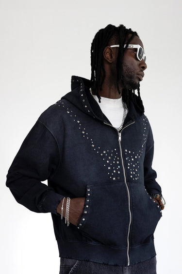Felpa Zip Black Island Nera con Borchie e Croce