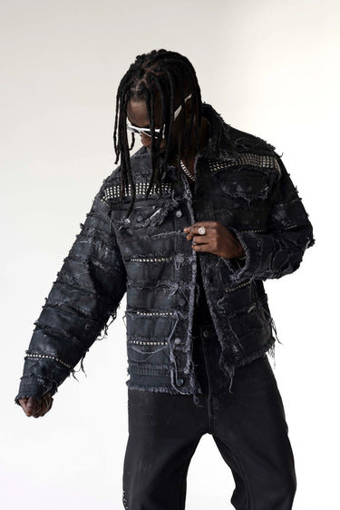 Giacca Denim Black Island Nera Distressed con Borchie