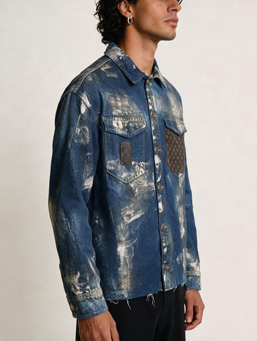 Giacca Camicia LV Denim Lavaggio Meccanico Oversize, Boxy Fit e Taglio Vivo