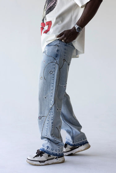Jeans Black Island Straight Azzurro con Cristalli Floreali