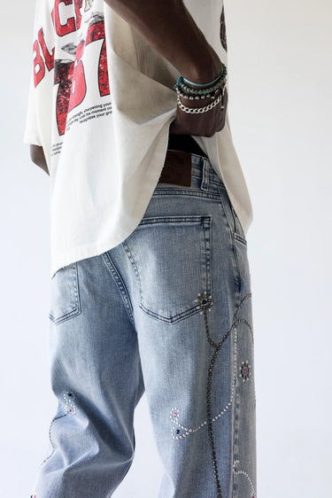 Jeans Black Island Straight Azzurro con Cristalli Floreali