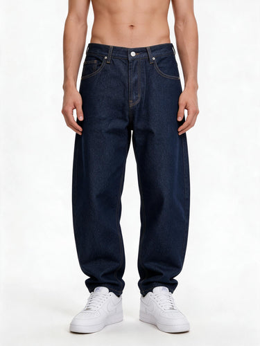 Jeans Blu Denim Naturale con Cuciture a Contrasto, Vestibilità Balloon