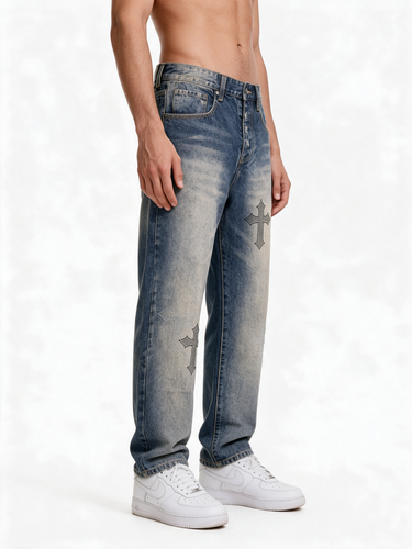 Jeans Denim Lavaggio Vissuto con Cristalli a Croce
