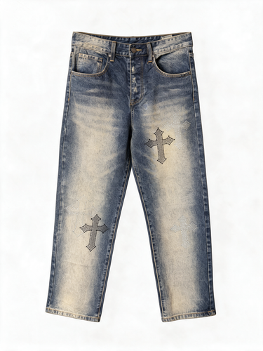 Jeans Denim Lavaggio Vissuto con Cristalli a Croce