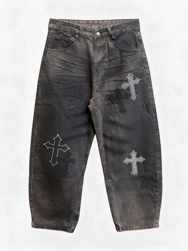 Jeans Lavaggio Resinato con Cristalli a Croce, Vestibilità Balloon