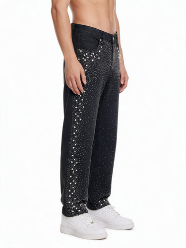 Jeans Nero Lavaggio Zero Tempestato di Strass e Perline, Vestibilità Regolare