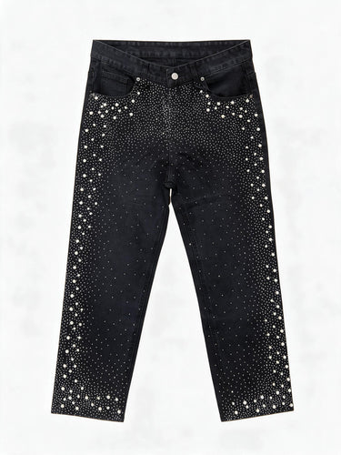 Jeans Nero Lavaggio Zero Tempestato di Strass e Perline, Vestibilità Regolare