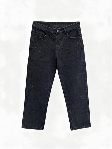 Jeans Nero Lavaggio Zero con Tempesta di Strass, Effetto Satellite, Vestibilità Regolare