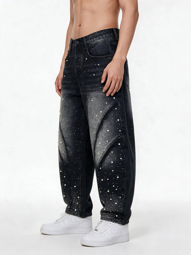 Jeans Nero Sabbiato Vestibilità Balloon con Perline e Strass