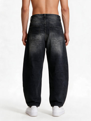 Jeans Nero Sabbiato Vestibilità Balloon con Perline e Strass