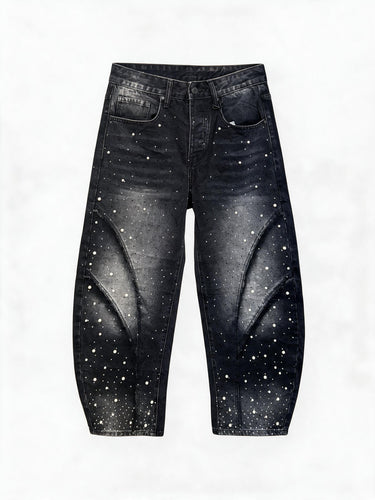 Jeans Nero Sabbiato Vestibilità Balloon con Perline e Strass