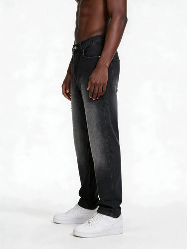 Jeans Nero Leggermente Sfumato con Applicazioni Strass Neri, Vestibilità Regolare
