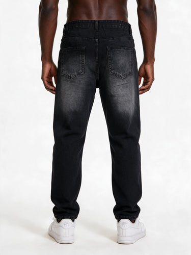 Jeans Nero Leggermente Sfumato con Applicazioni Strass Neri, Vestibilità Regolare