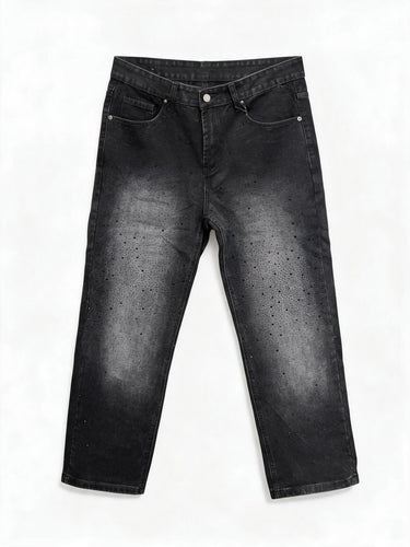 Jeans Nero Leggermente Sfumato con Applicazioni Strass Neri, Vestibilità Regolare