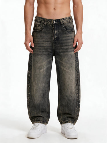 Jeans Leggermente Sabbiato con Borchie Lungo la Gamba, Vestibilità Balloon