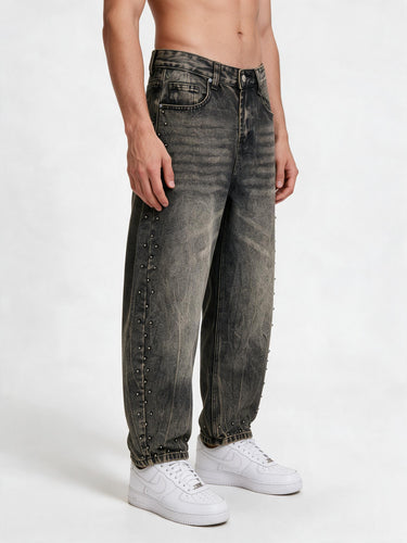 Jeans Leggermente Sabbiato con Borchie Lungo la Gamba, Vestibilità Balloon