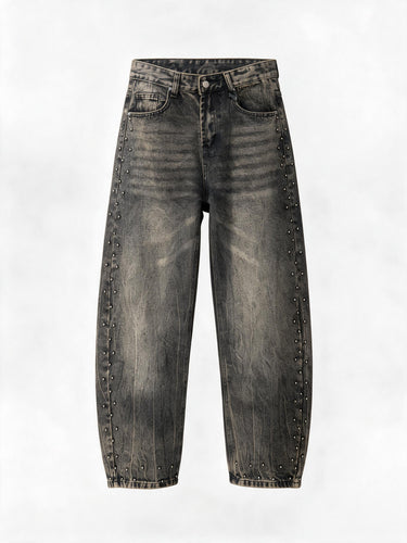 Jeans Leggermente Sabbiato con Borchie Lungo la Gamba, Vestibilità Balloon