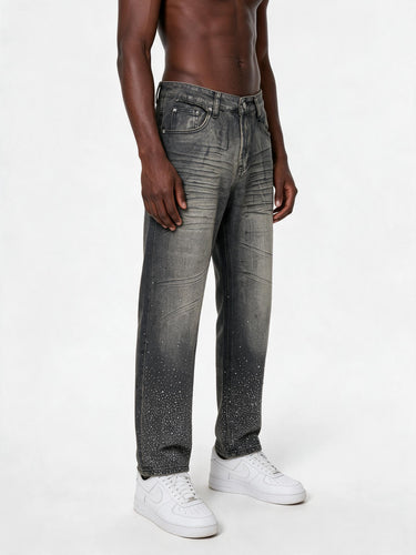 Jeans Nero Sabbiato e Resinato, Tempestato di Strass sul Fondo delle Gambe, Vestibilità Regolare