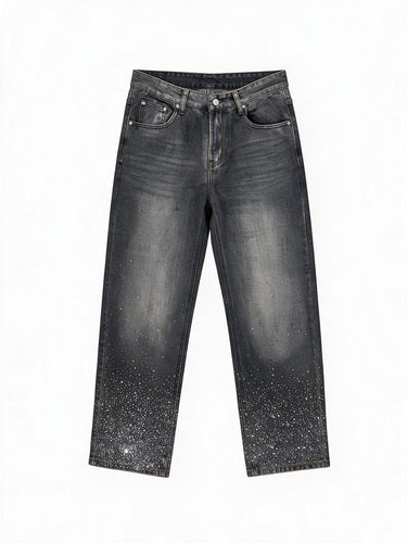 Jeans Nero Sabbiato e Resinato, Tempestato di Strass sul Fondo delle Gambe, Vestibilità Regolare