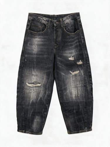 Jeans con Sabbiatura Meccanica e Rotture, Vestibilità Balloon