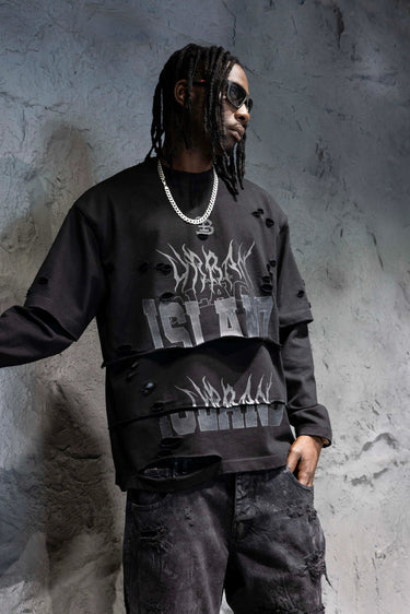 Longsleeve Black Island Nera Distressed Layered