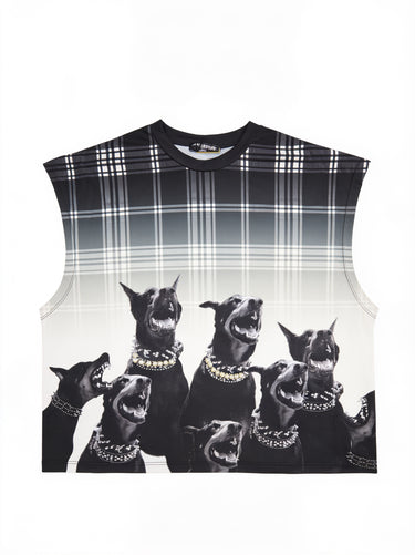 Canotta Oversize Tartan Bianco e Nero Stampa Dobermann