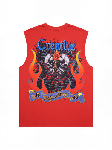Canotta Oversize Rossa Stampa Teschio Gotico "Creative Department"